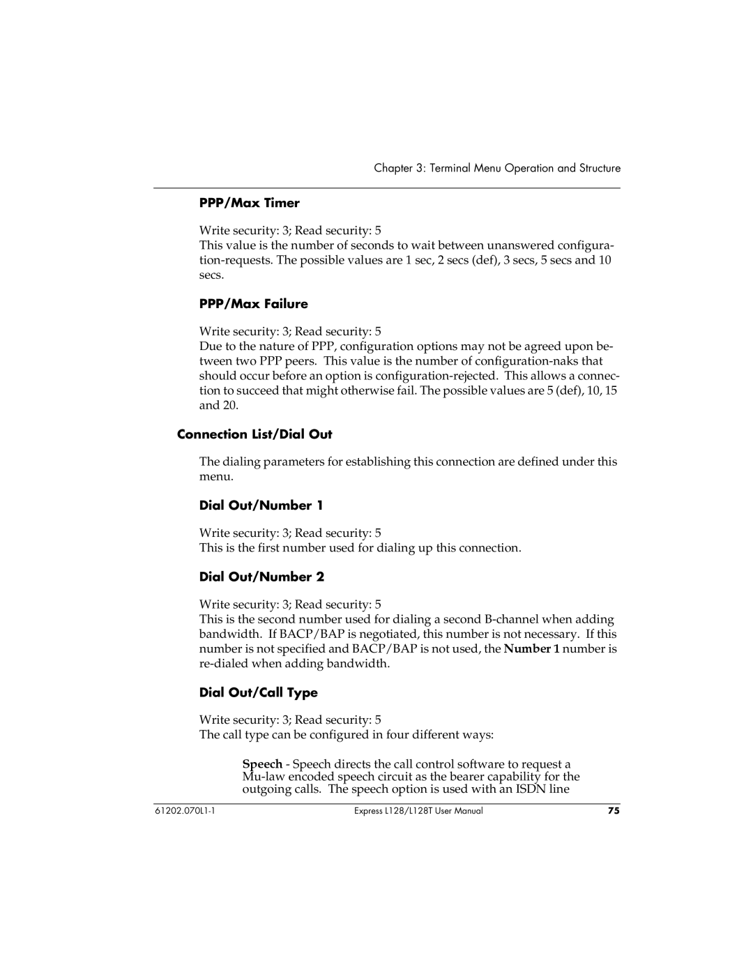 ADTRAN L128T user manual PPP/Max Timer, PPP/Max Failure, Connection List/Dial Out, Dial Out/Number, Dial Out/Call Type 