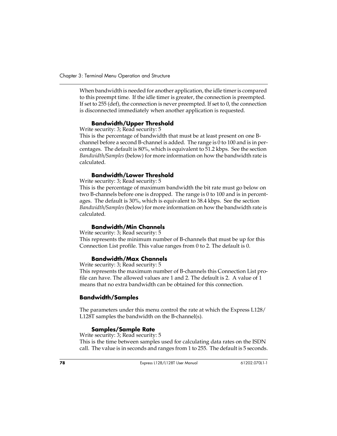 ADTRAN L128T user manual Bandwidth/Samples 