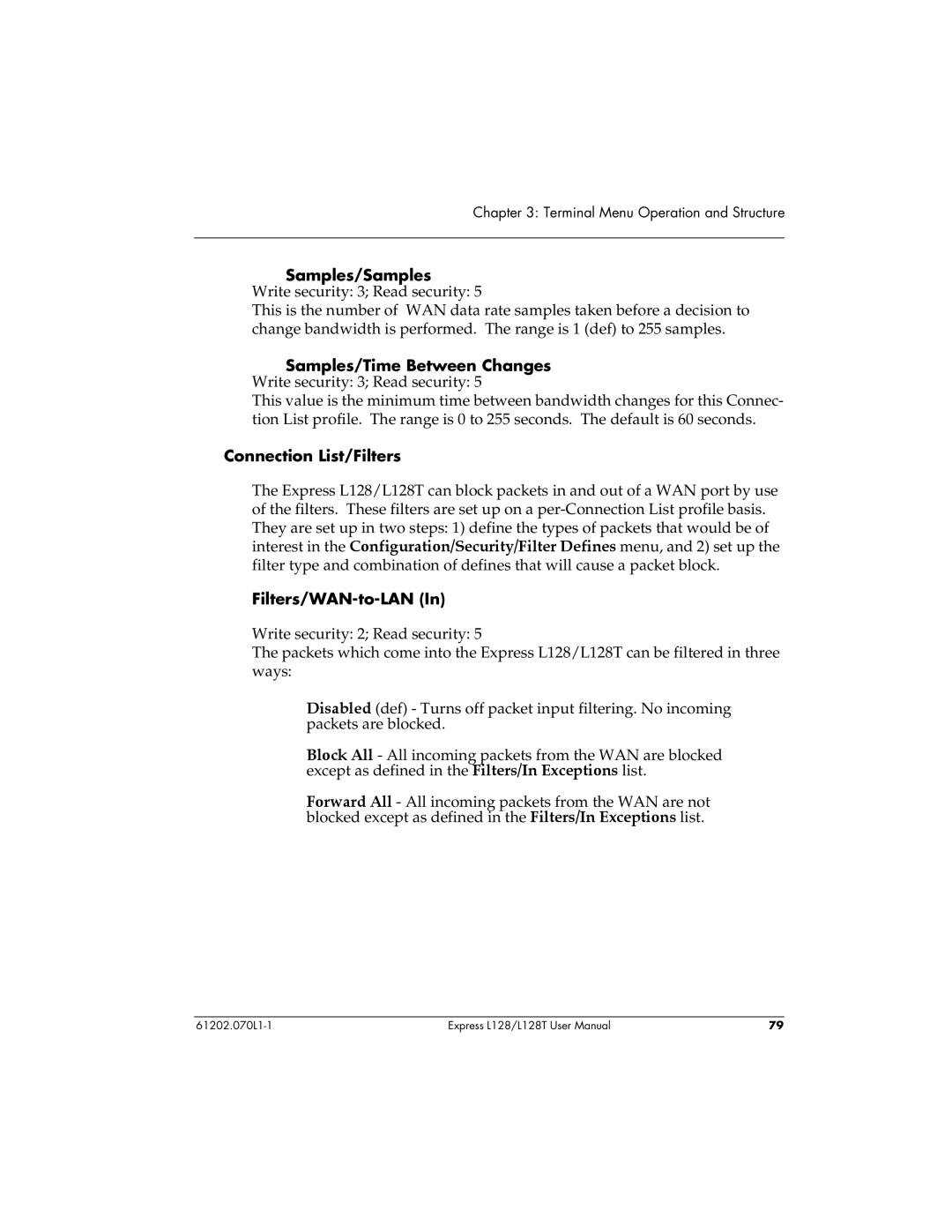 ADTRAN L128T user manual Connection List/Filters, Filters/WAN-to-LAN 