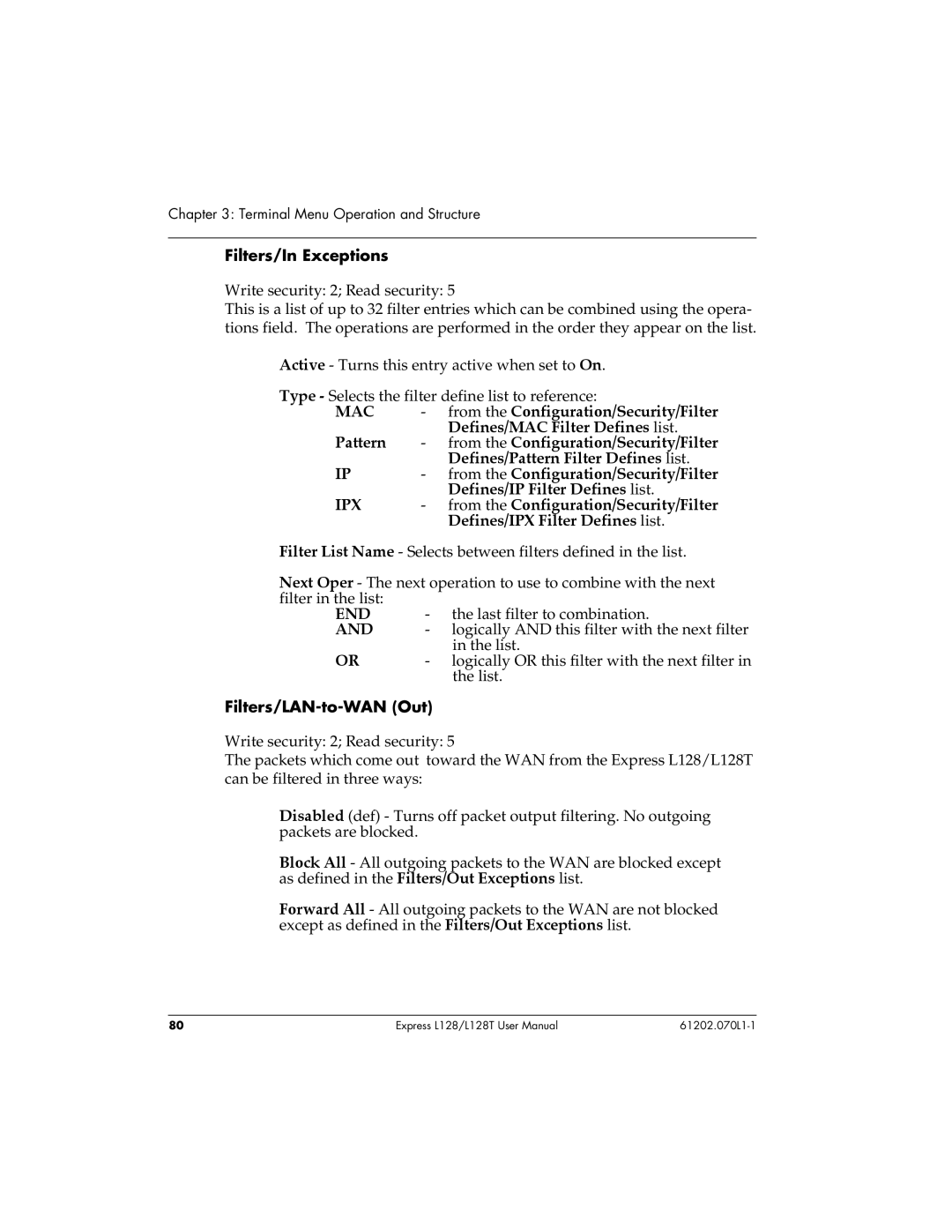 ADTRAN L128T user manual Filters/In Exceptions, From the Configuration/Security/Filter, Defines/MAC Filter Defines list 