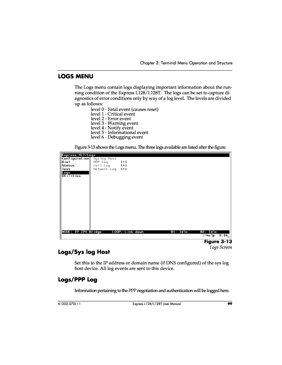 ADTRAN L128T user manual Logs Menu, Logs/Sys log Host, Logs/PPP Log, Logs Screen 