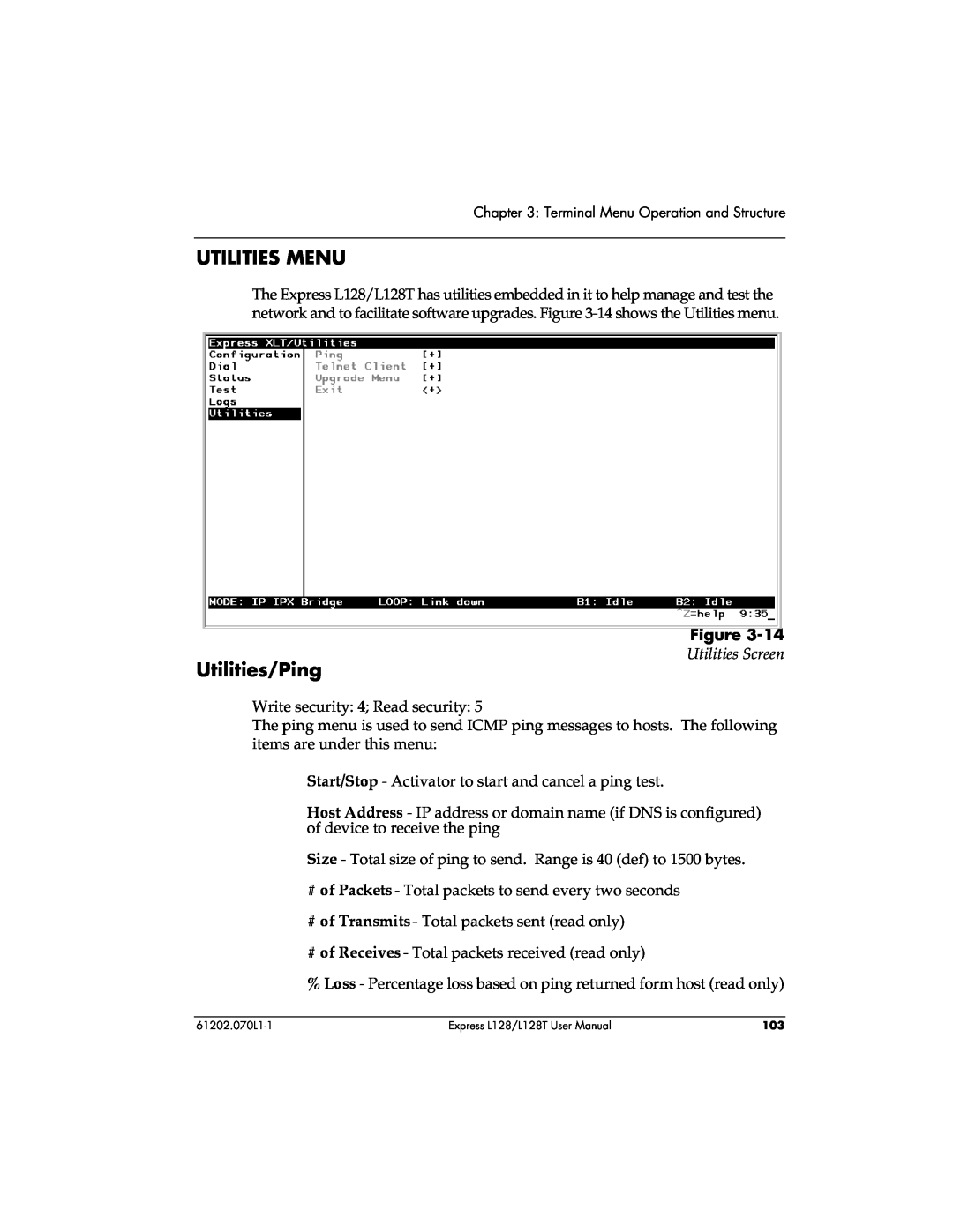 ADTRAN L128T user manual Utilities Menu, Utilities/Ping, Utilities Screen 