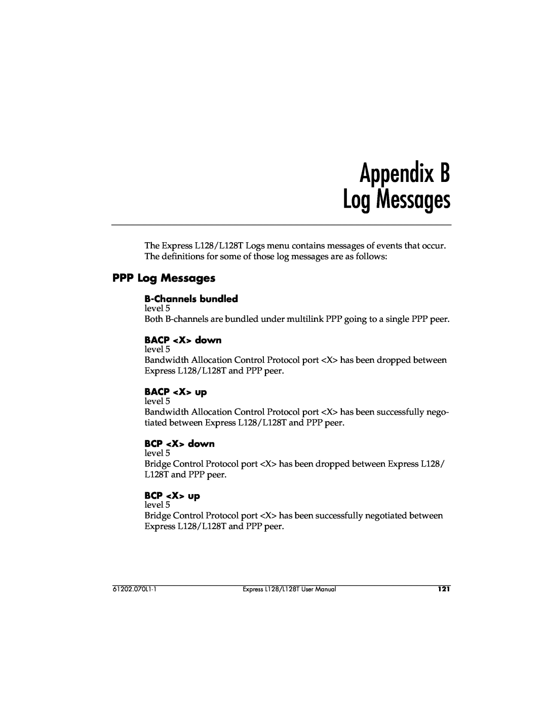 ADTRAN L128T user manual Appendix B Log Messages, PPP Log Messages 