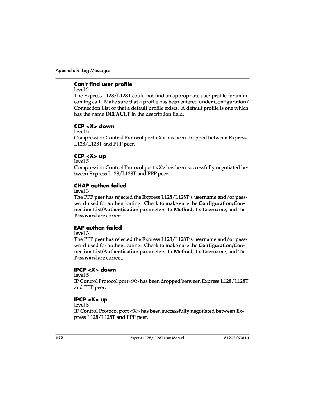 ADTRAN L128T user manual Appendix B Log Messages 