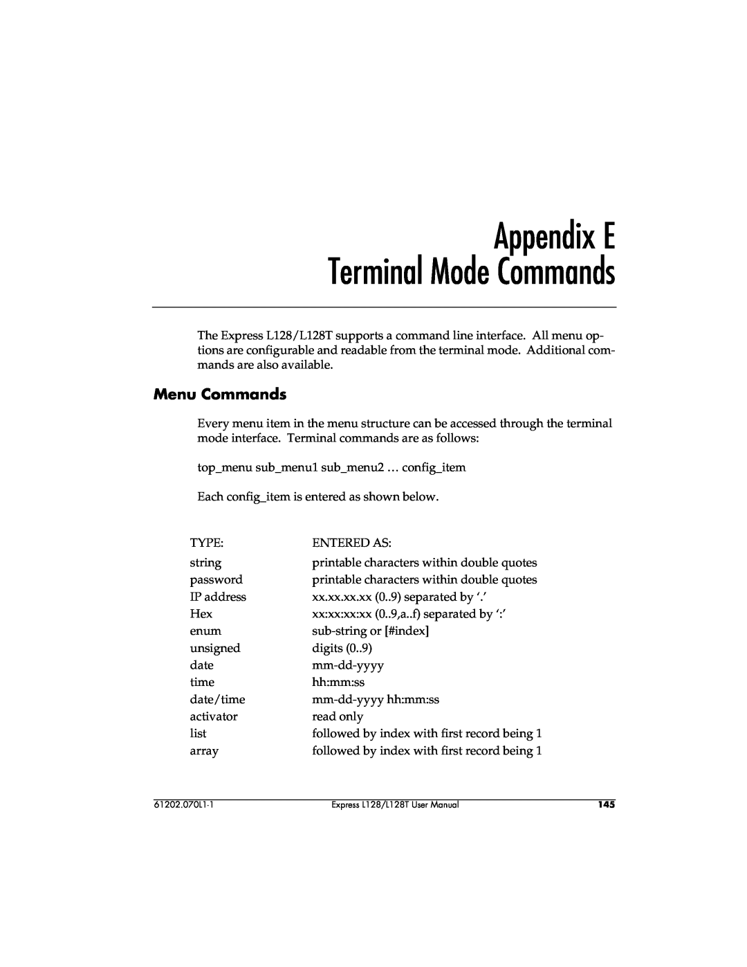 ADTRAN L128T user manual Appendix E Terminal Mode Commands, Menu Commands 