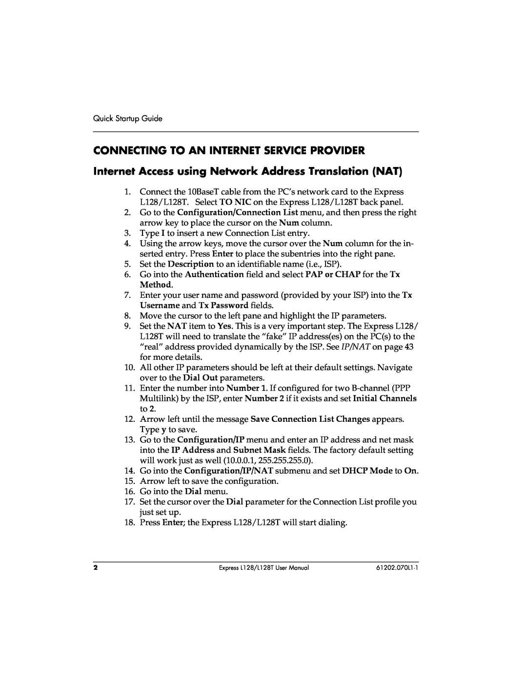 ADTRAN L128T user manual Connecting To An Internet Service Provider, Internet Access using Network Address Translation NAT 