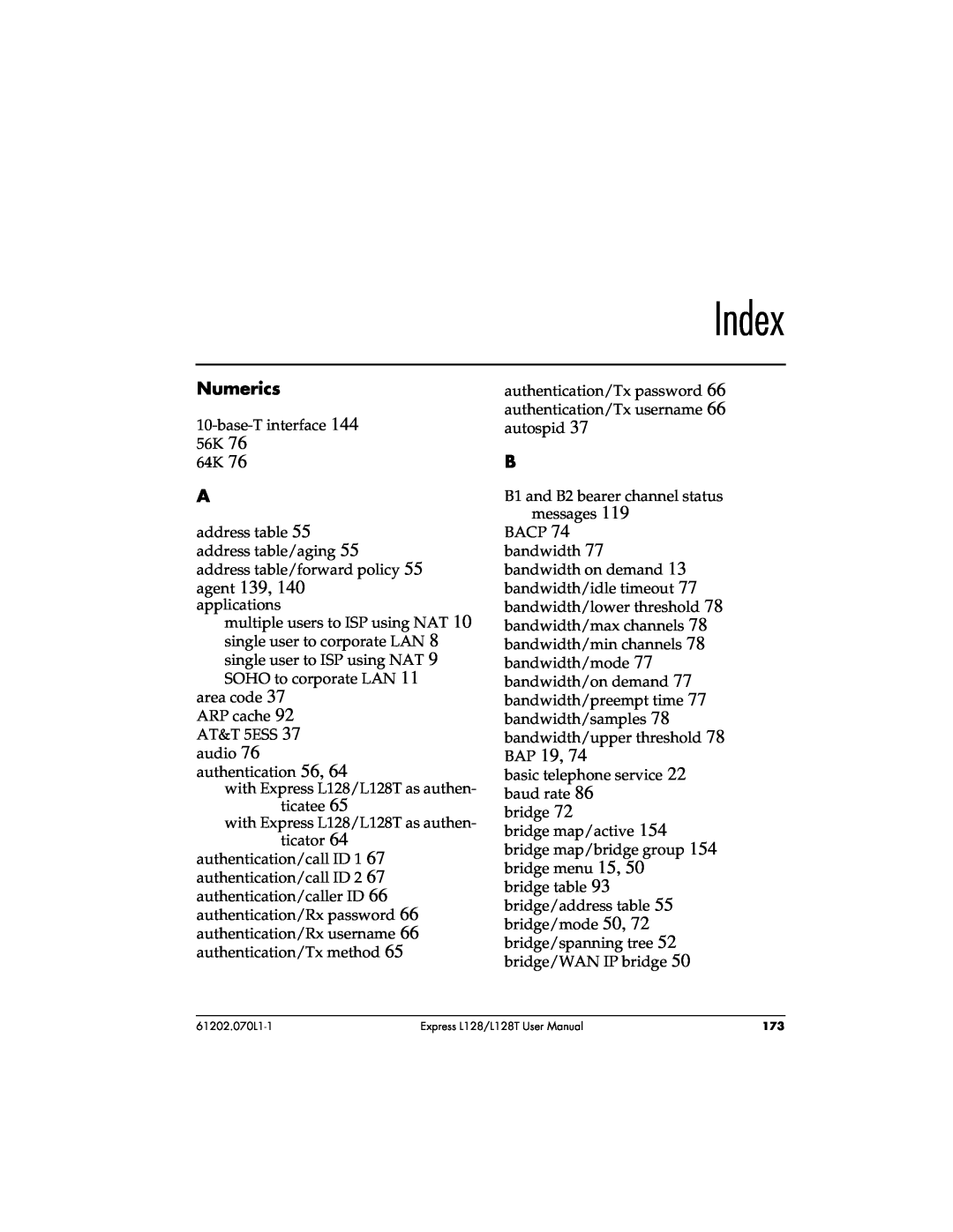 ADTRAN L128T user manual Index, Numerics 