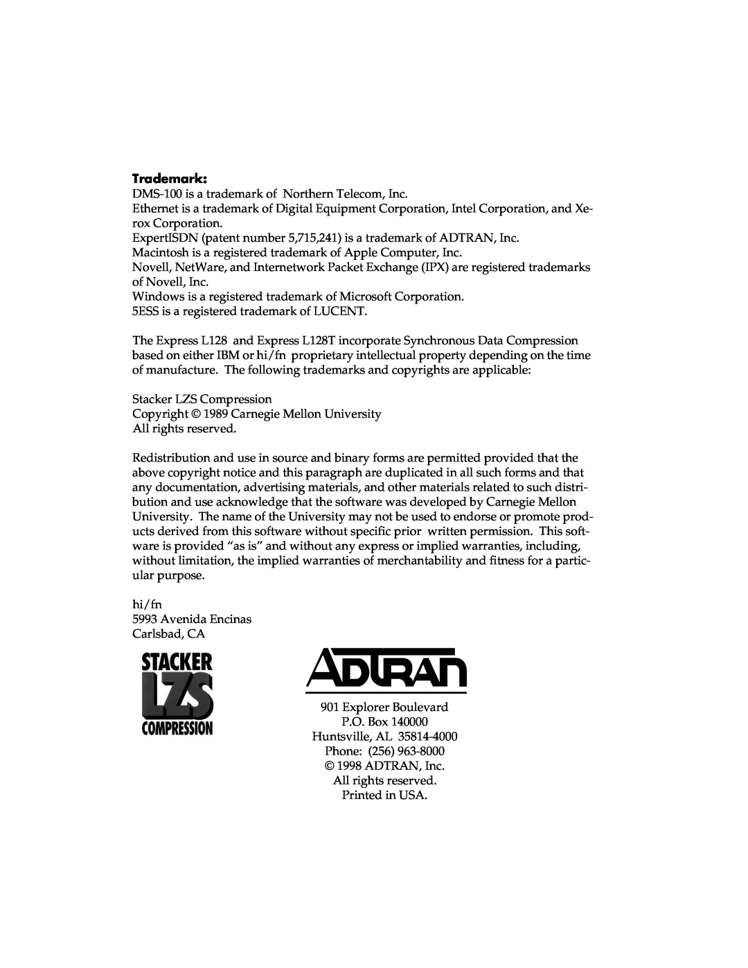 ADTRAN L128T user manual Trademark 