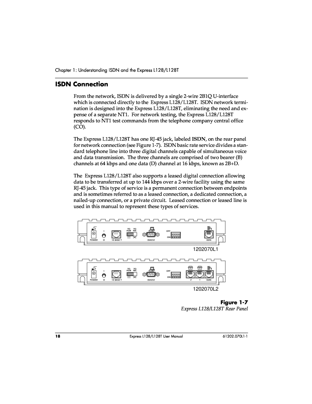 ADTRAN user manual ISDN Connection, Express L128/L128T Rear Panel 