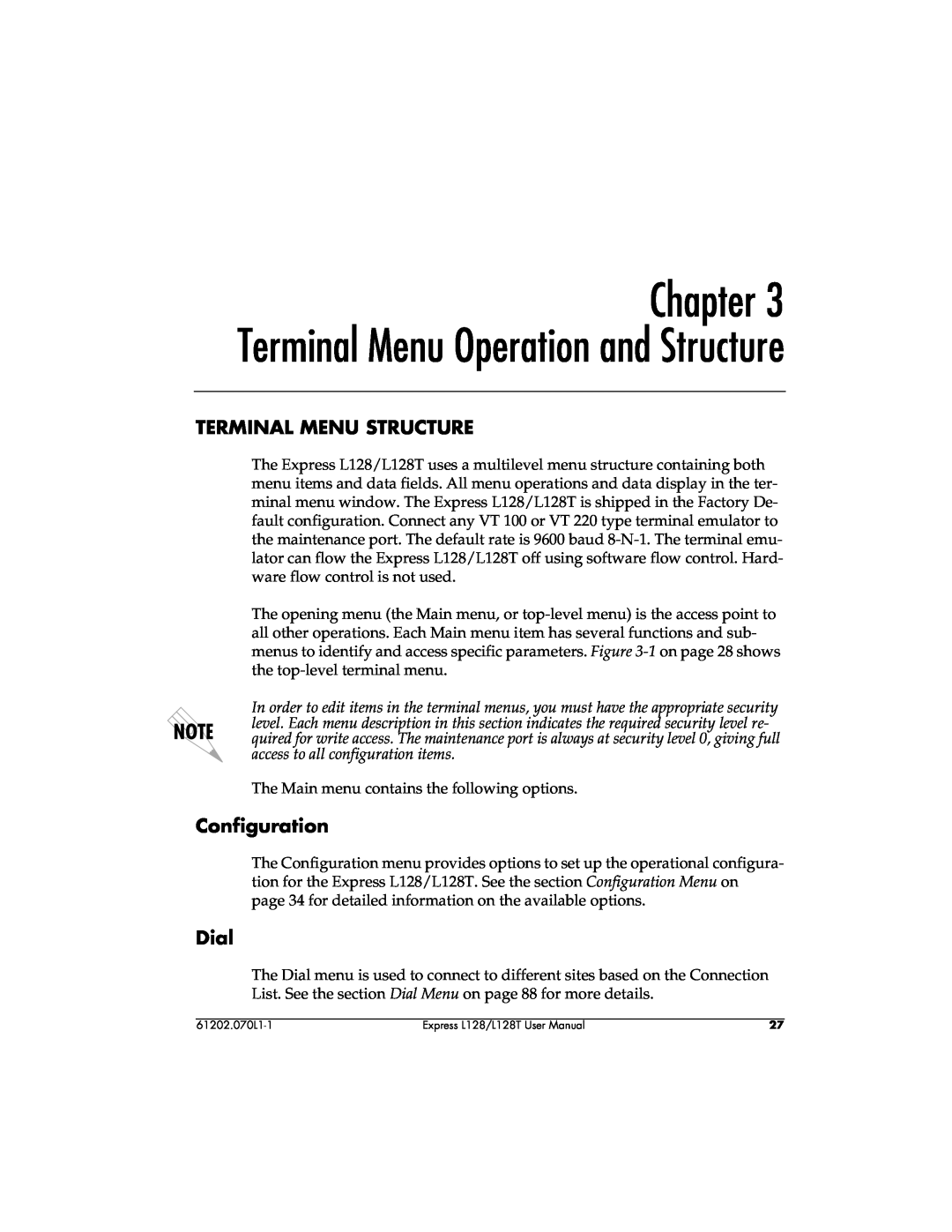 ADTRAN L128T user manual Terminal Menu Operation and Structure, Terminal Menu Structure, Dial, Configuration 