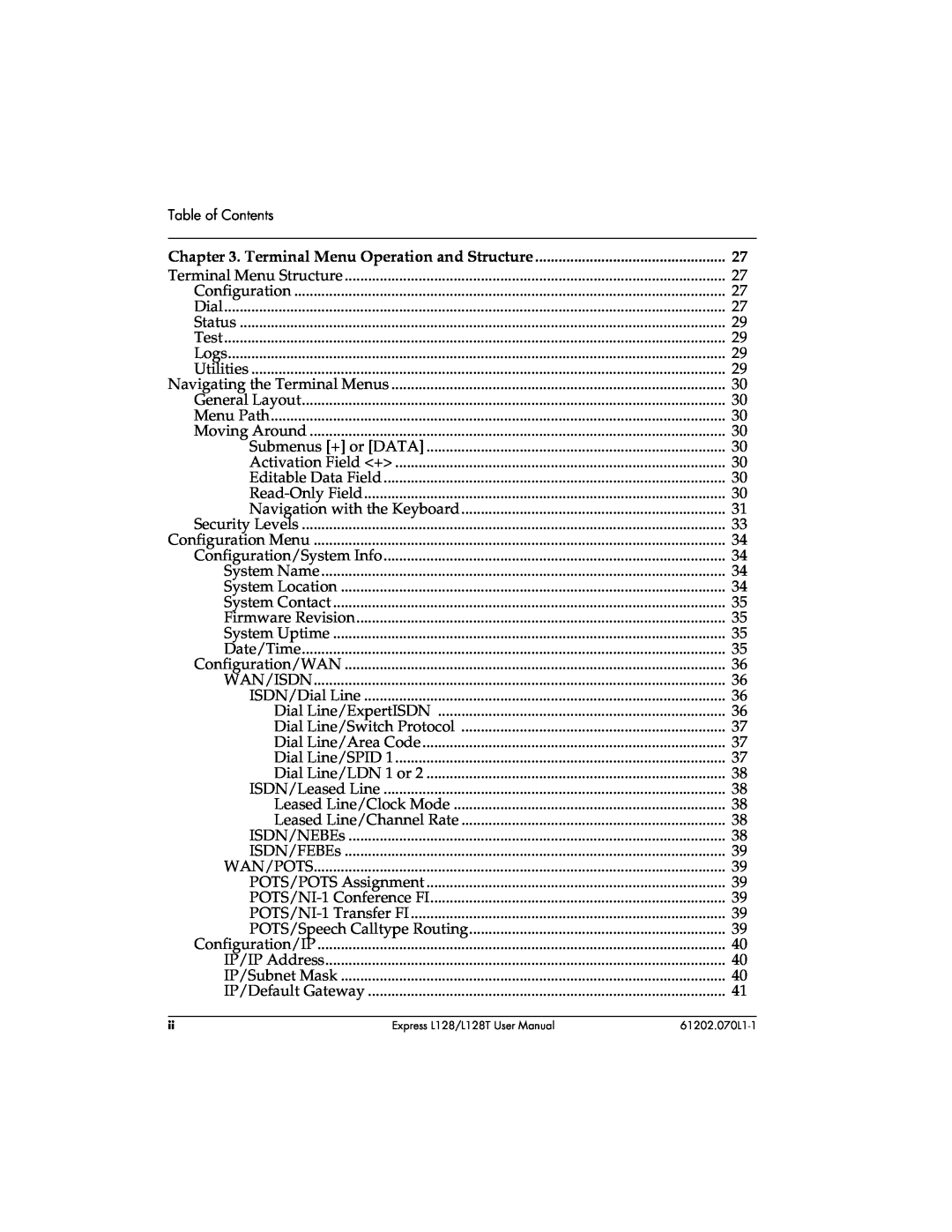 ADTRAN L128T user manual Table of Contents, Terminal Menu Operation and Structure 