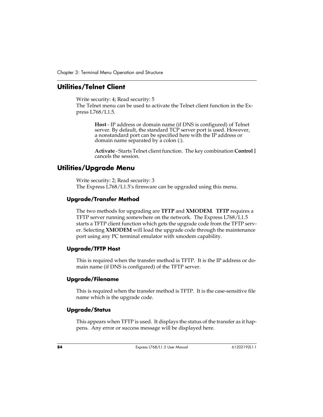 ADTRAN L768 user manual Utilities/Telnet Client, Utilities/Upgrade Menu 