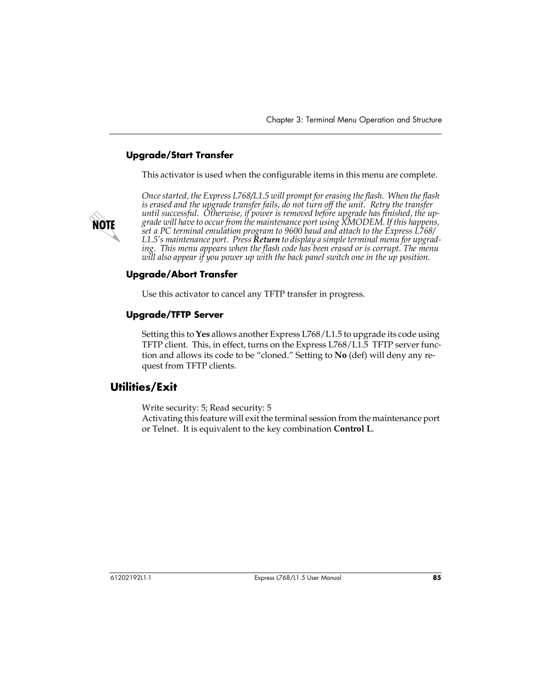 ADTRAN L768 user manual Utilities/Exit, Upgrade/Start Transfer, Upgrade/Abort Transfer, Upgrade/TFTP Server 