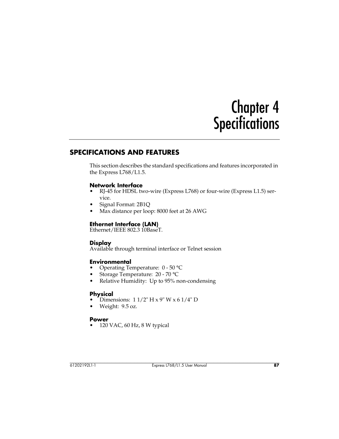 ADTRAN L768 user manual Chapter Specifications, Specifications and Features 