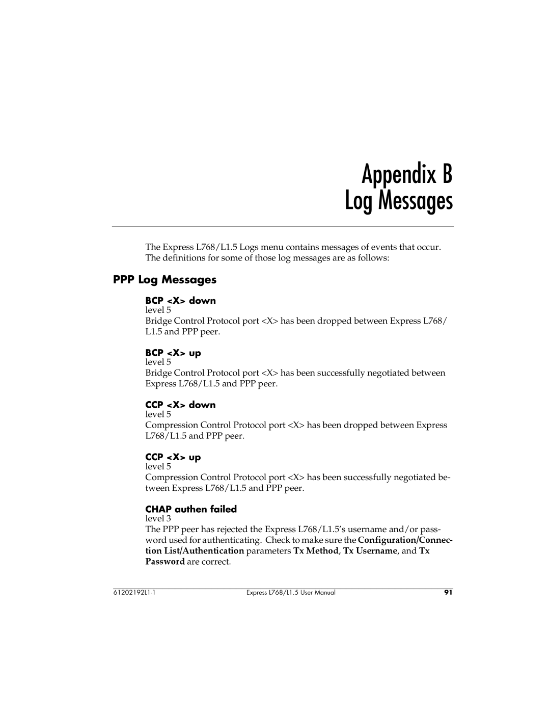 ADTRAN L768 user manual Appendix B Log Messages, PPP Log Messages 