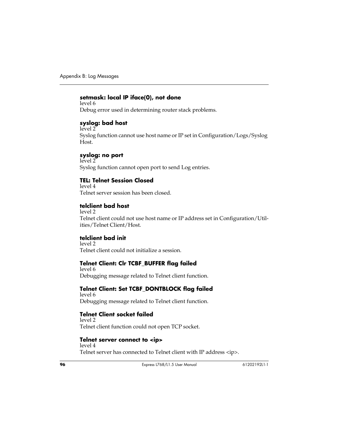 ADTRAN L768 user manual Appendix B Log Messages 