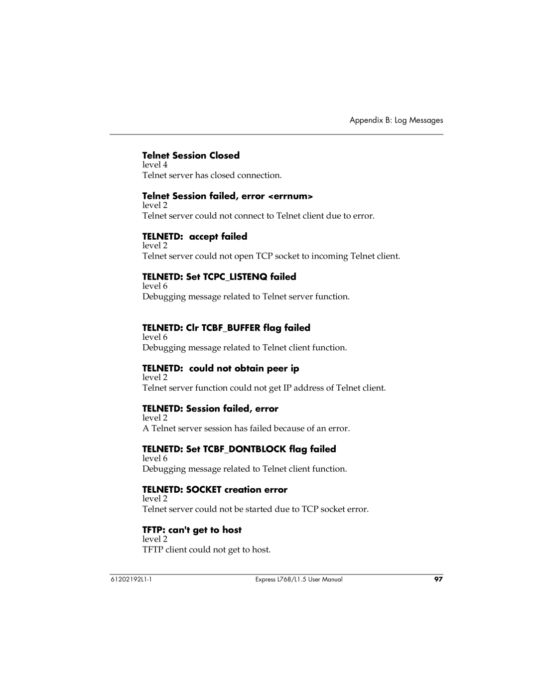 ADTRAN L768 user manual Appendix B Log Messages 