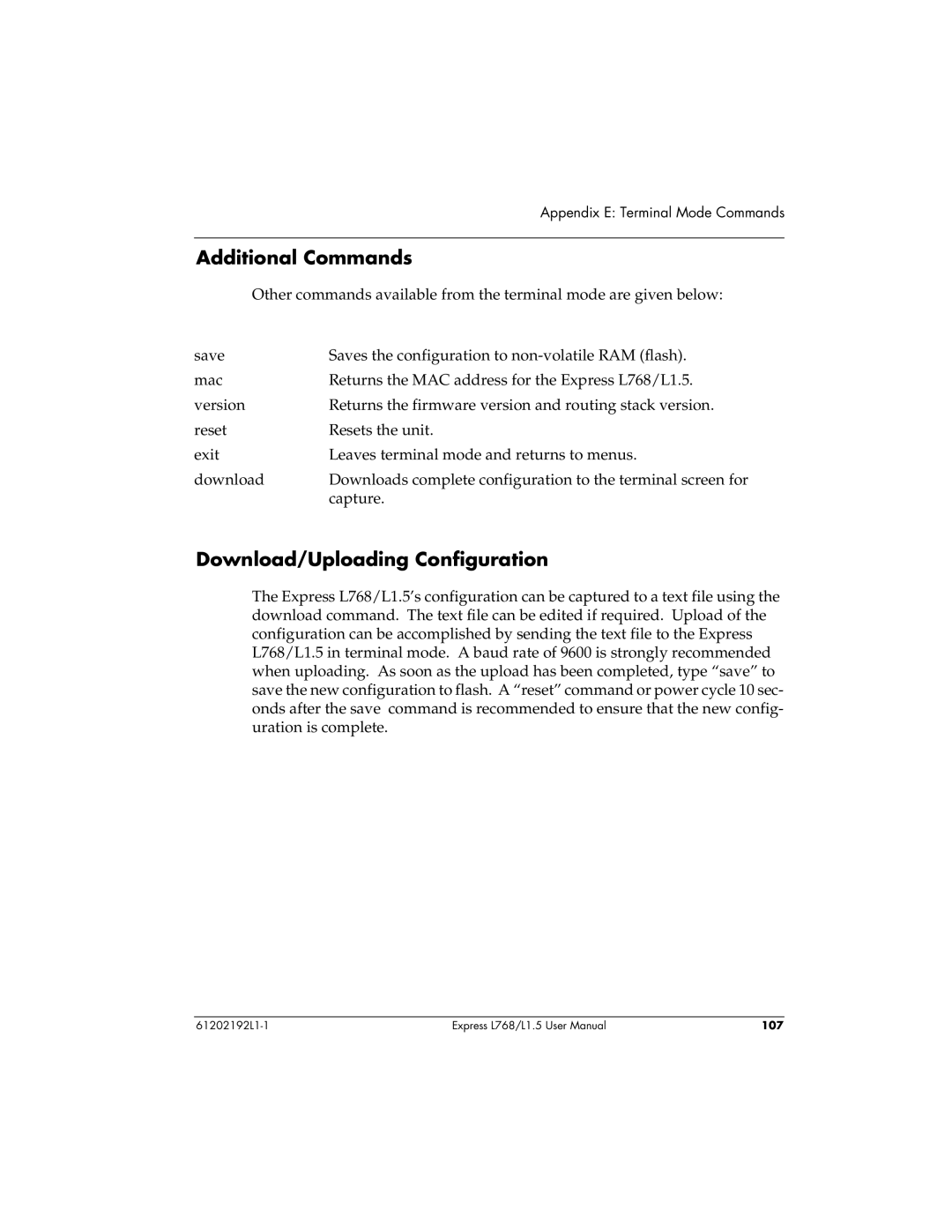 ADTRAN L768 user manual Additional Commands, Download/Uploading Configuration 