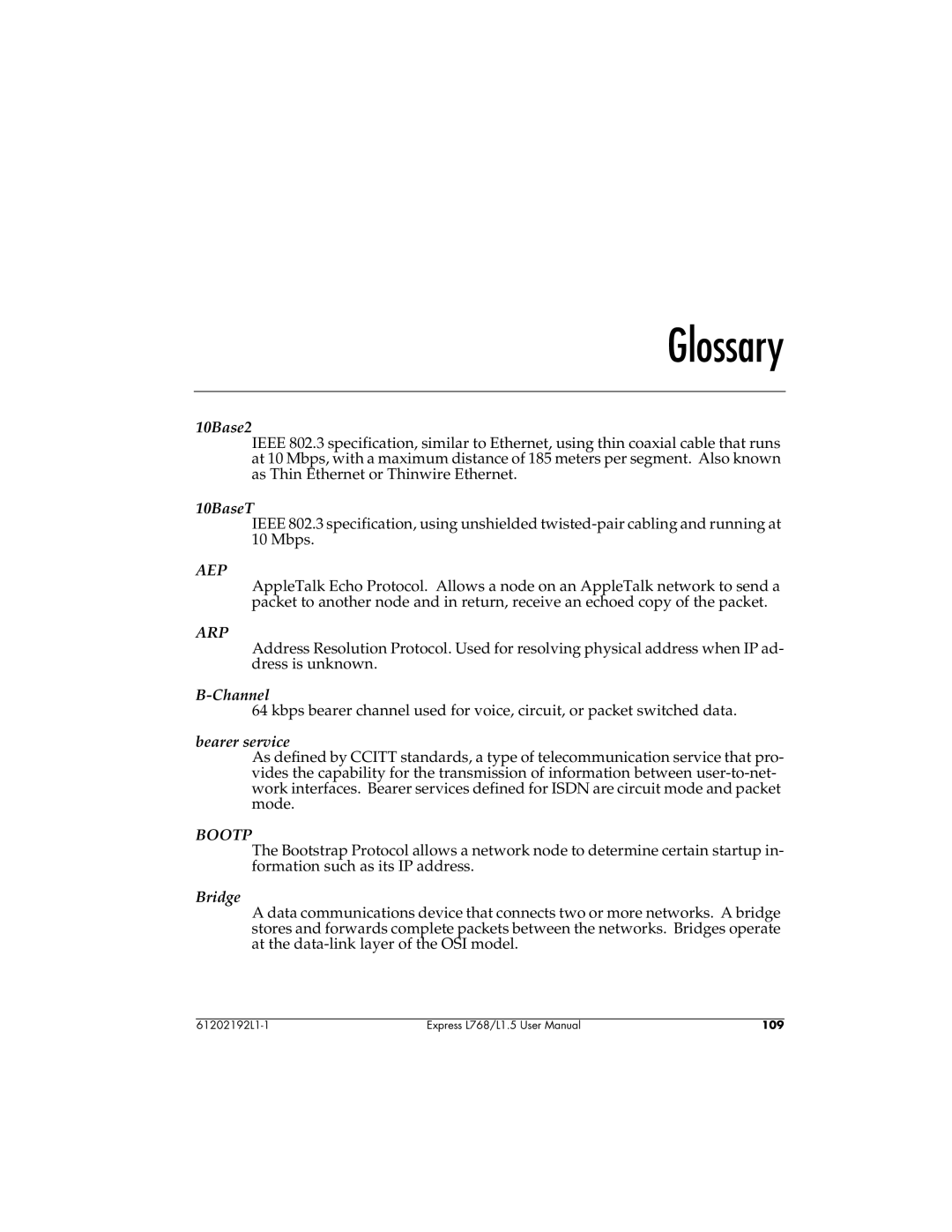 ADTRAN L768 user manual Glossary, 10Base2 