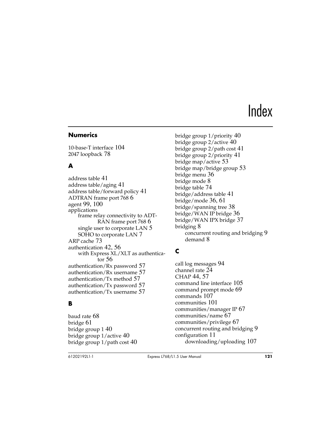 ADTRAN L768 user manual Index, Numerics 