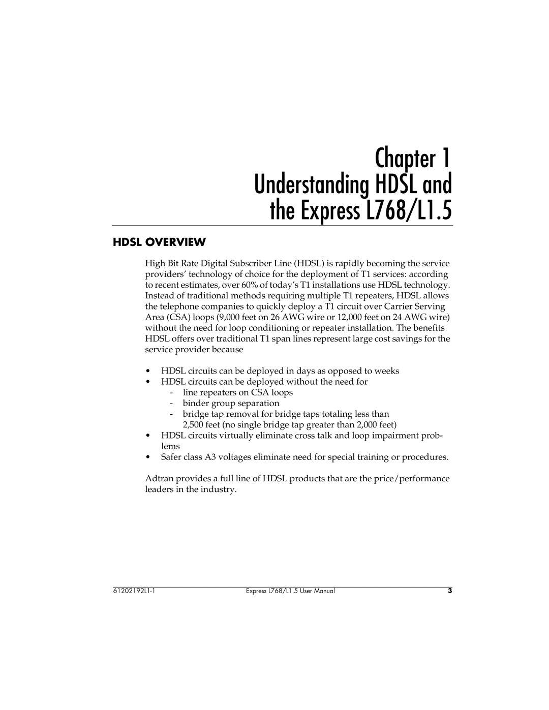 ADTRAN user manual Chapter Understanding Hdsl Express L768/L1.5, Hdsl Overview 