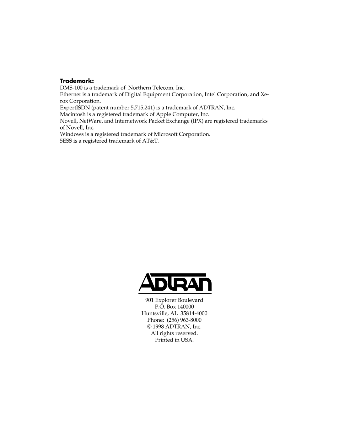 ADTRAN L768 user manual Trademark 