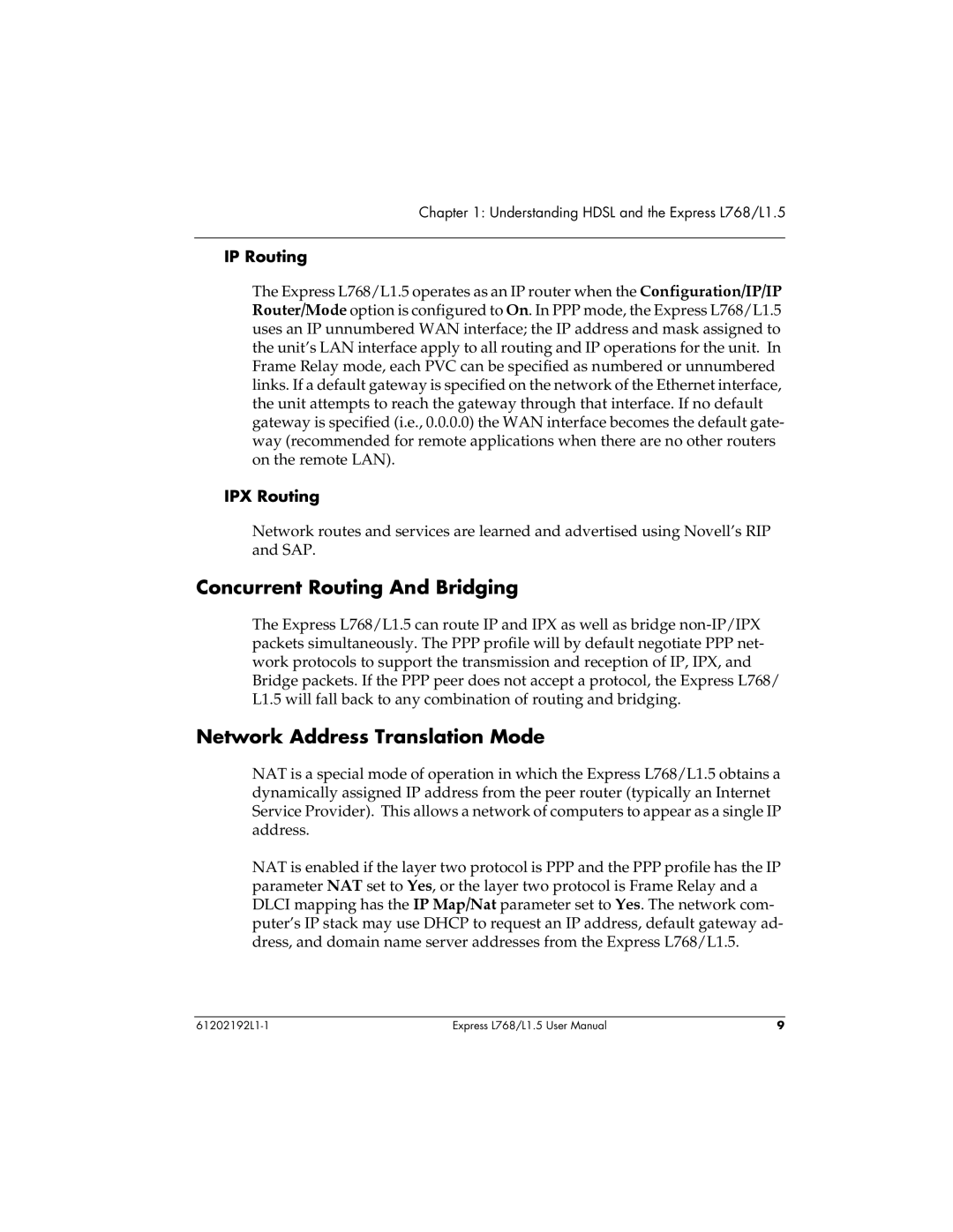 ADTRAN L768 user manual Concurrent Routing And Bridging, Network Address Translation Mode, IP Routing, IPX Routing 