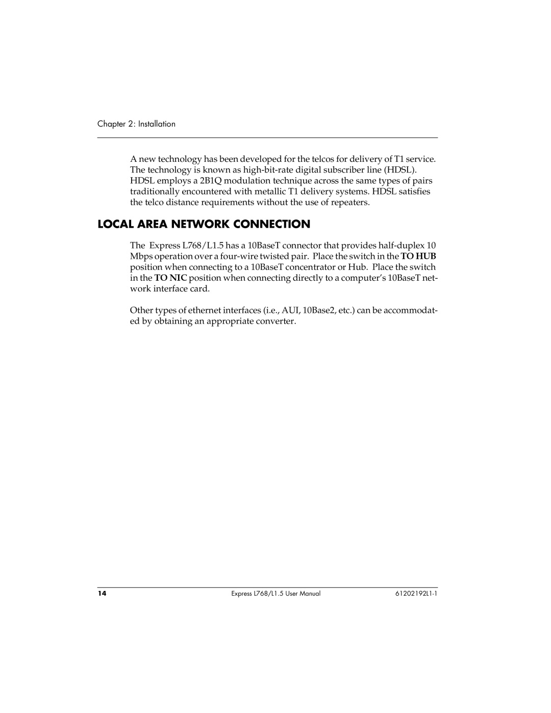 ADTRAN L768 user manual Local Area Network Connection 