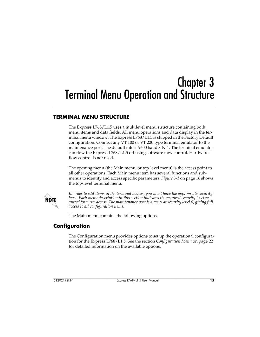 ADTRAN L768 user manual Terminal Menu Operation and Structure, Terminal Menu Structure 