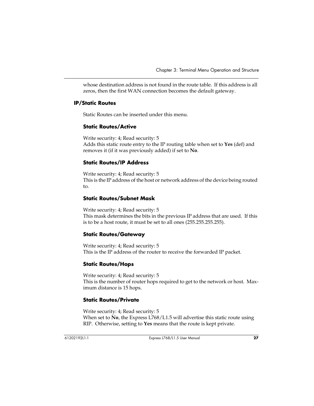 ADTRAN L768 user manual IP/Static Routes, Static Routes/Active, Static Routes/IP Address, Static Routes/Subnet Mask 