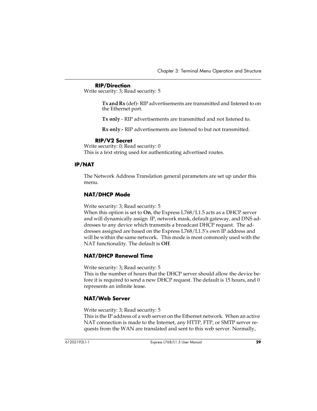 ADTRAN L768 user manual RIP/Direction, RIP/V2 Secret, NAT/DHCP Mode, NAT/DHCP Renewal Time, NAT/Web Server 