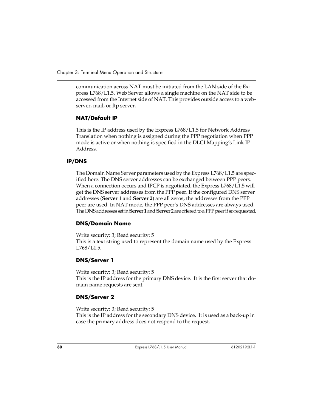 ADTRAN L768 user manual NAT/Default IP, DNS/Domain Name, DNS/Server 