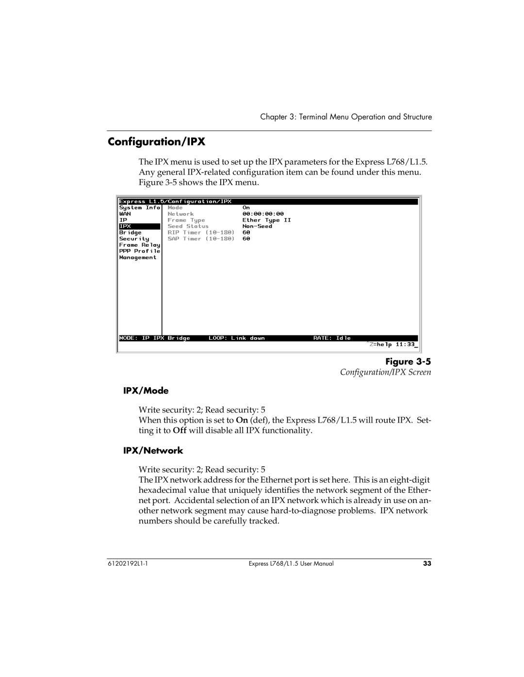 ADTRAN L768 user manual Configuration/IPX, IPX/Mode, IPX/Network 