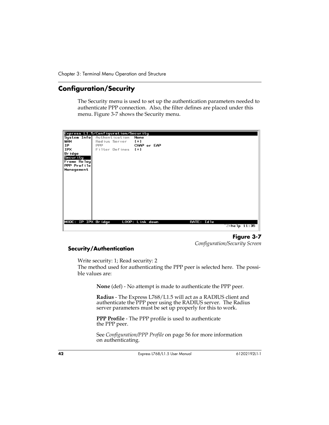 ADTRAN L768 user manual Configuration/Security, Security/Authentication 