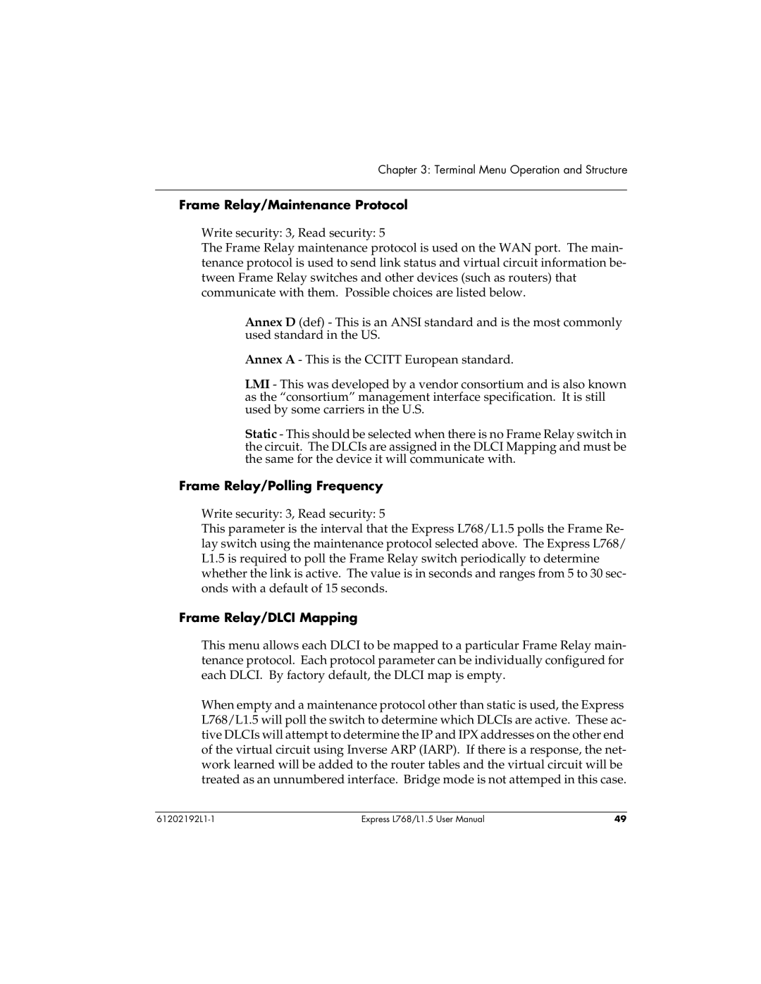 ADTRAN L768 user manual Frame Relay/Maintenance Protocol, Frame Relay/Polling Frequency, Frame Relay/DLCI Mapping 