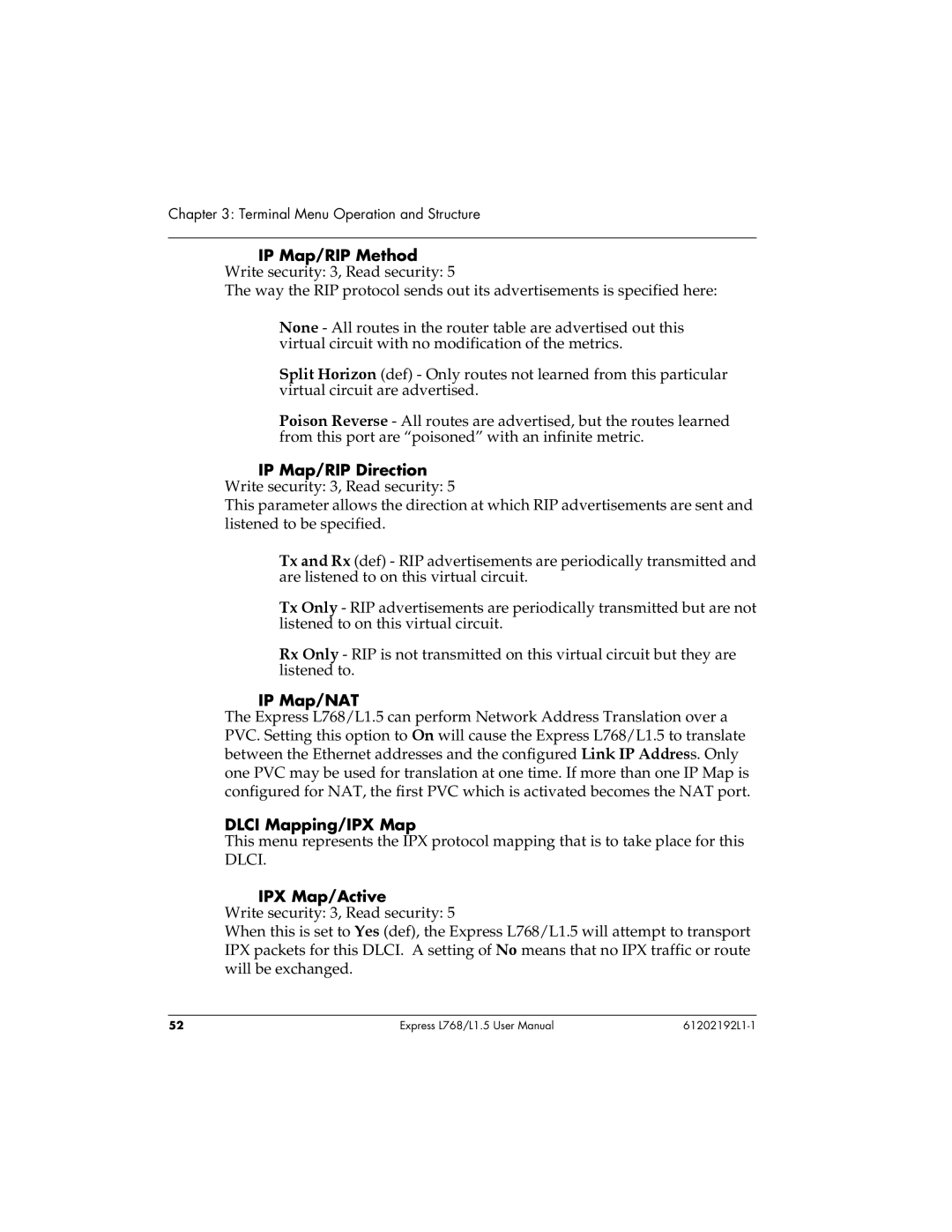 ADTRAN L768 user manual IP Map/NAT, Dlci Mapping/IPX Map, IPX Map/Active 