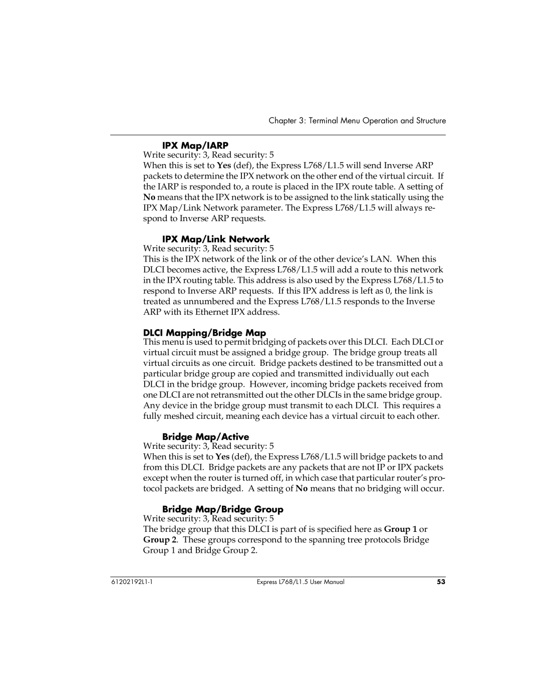 ADTRAN L768 user manual IPX Map/IARP, Dlci Mapping/Bridge Map 