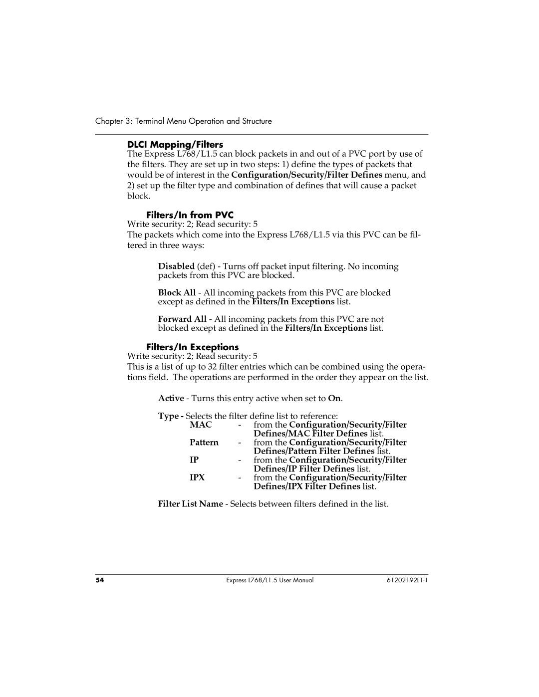 ADTRAN L768 user manual Dlci Mapping/Filters, Filters/In Exceptions, From the Configuration/Security/Filter 