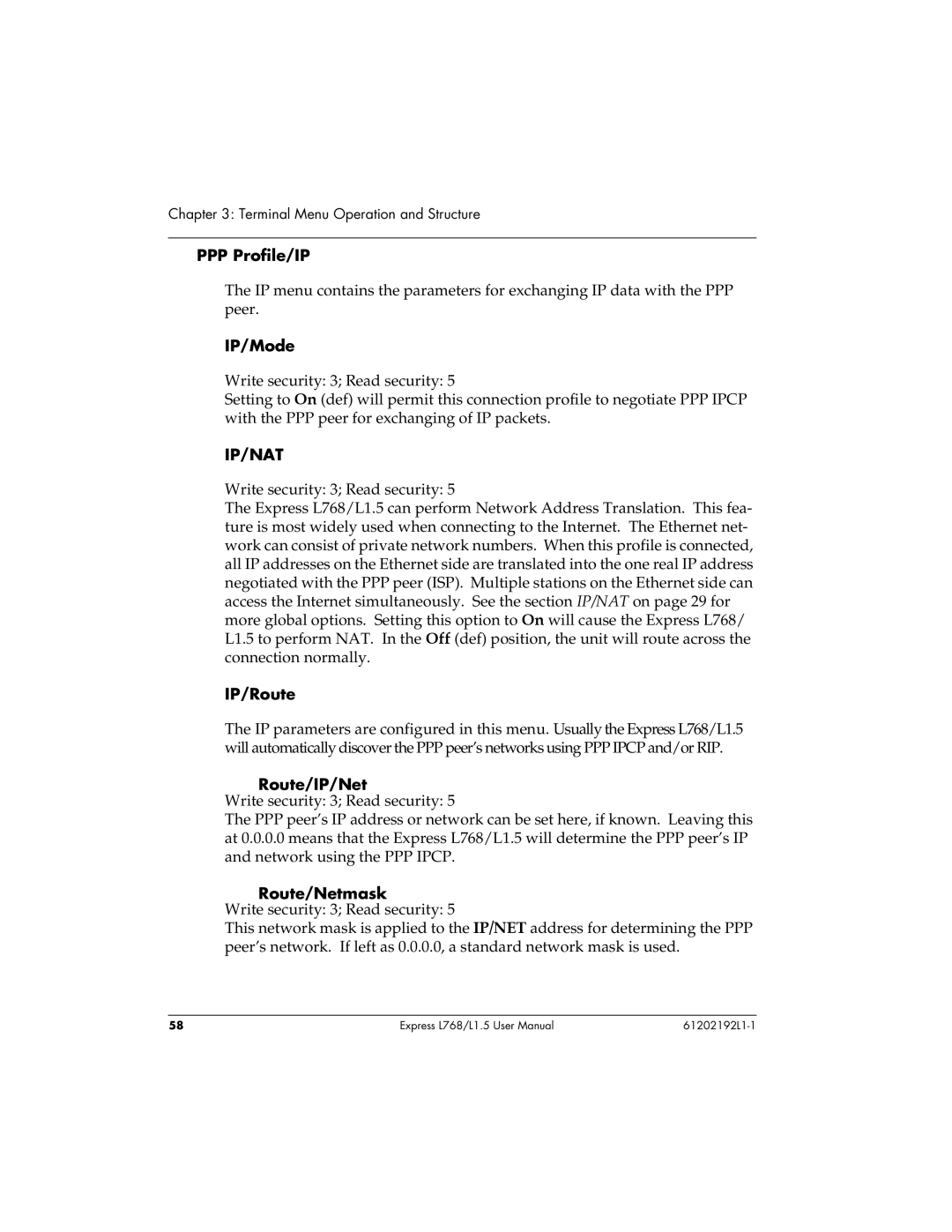 ADTRAN L768 user manual PPP Profile/IP, IP/Mode, IP/Route, Route/IP/Net, Route/Netmask 