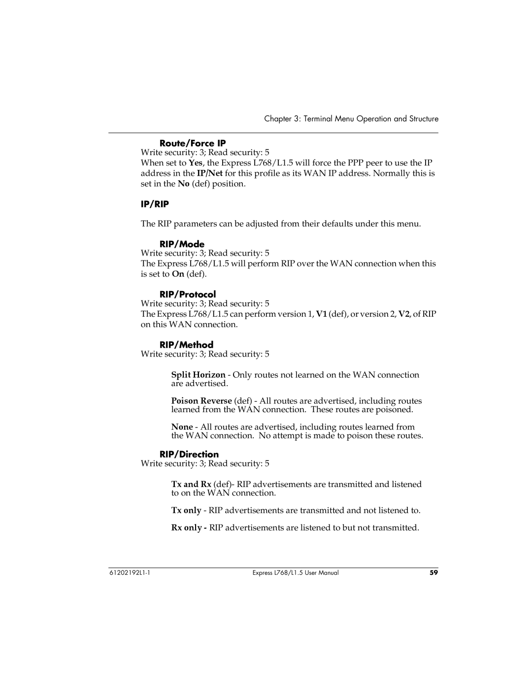 ADTRAN L768 user manual Route/Force IP, RIP/Mode 