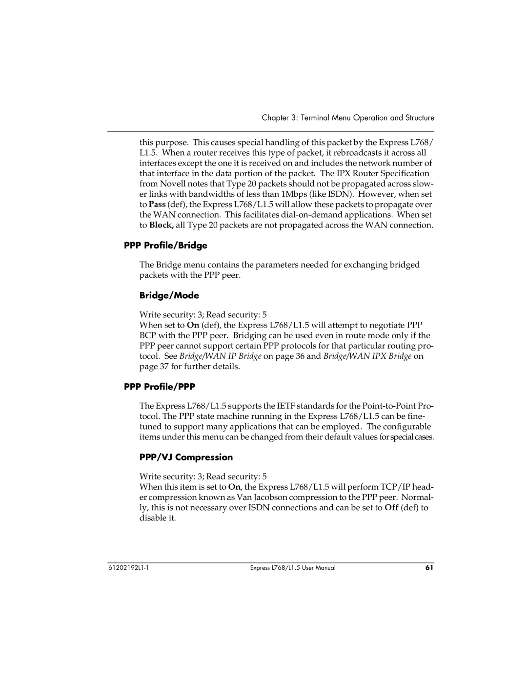 ADTRAN L768 user manual PPP Profile/Bridge, PPP Profile/PPP, PPP/VJ Compression 