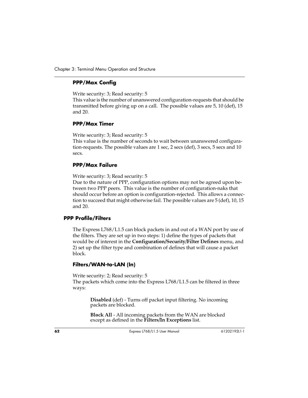 ADTRAN L768 user manual PPP/Max Config, PPP/Max Timer, PPP/Max Failure, PPP Profile/Filters, Filters/WAN-to-LAN 