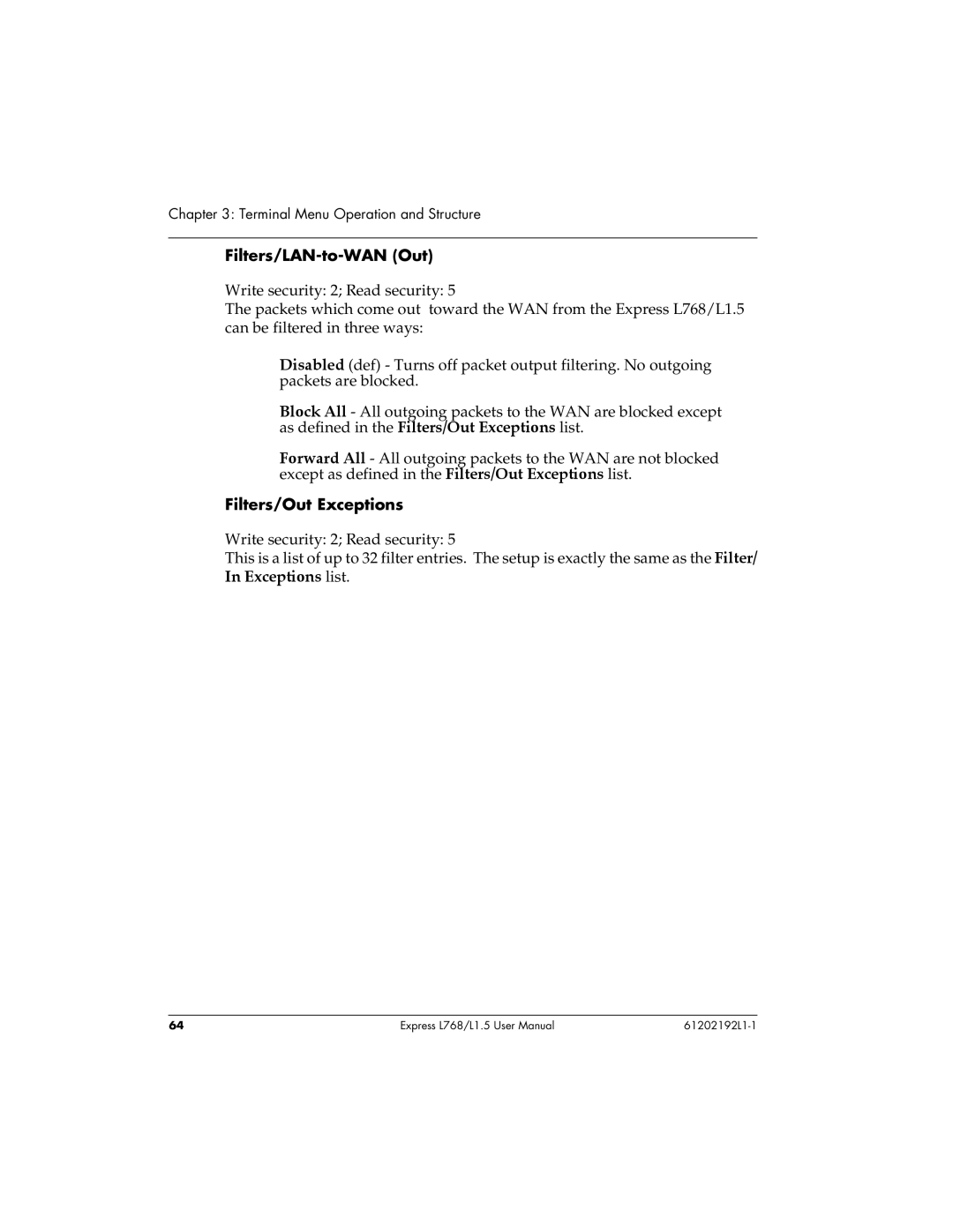 ADTRAN L768 user manual Filters/LAN-to-WAN Out, Filters/Out Exceptions 