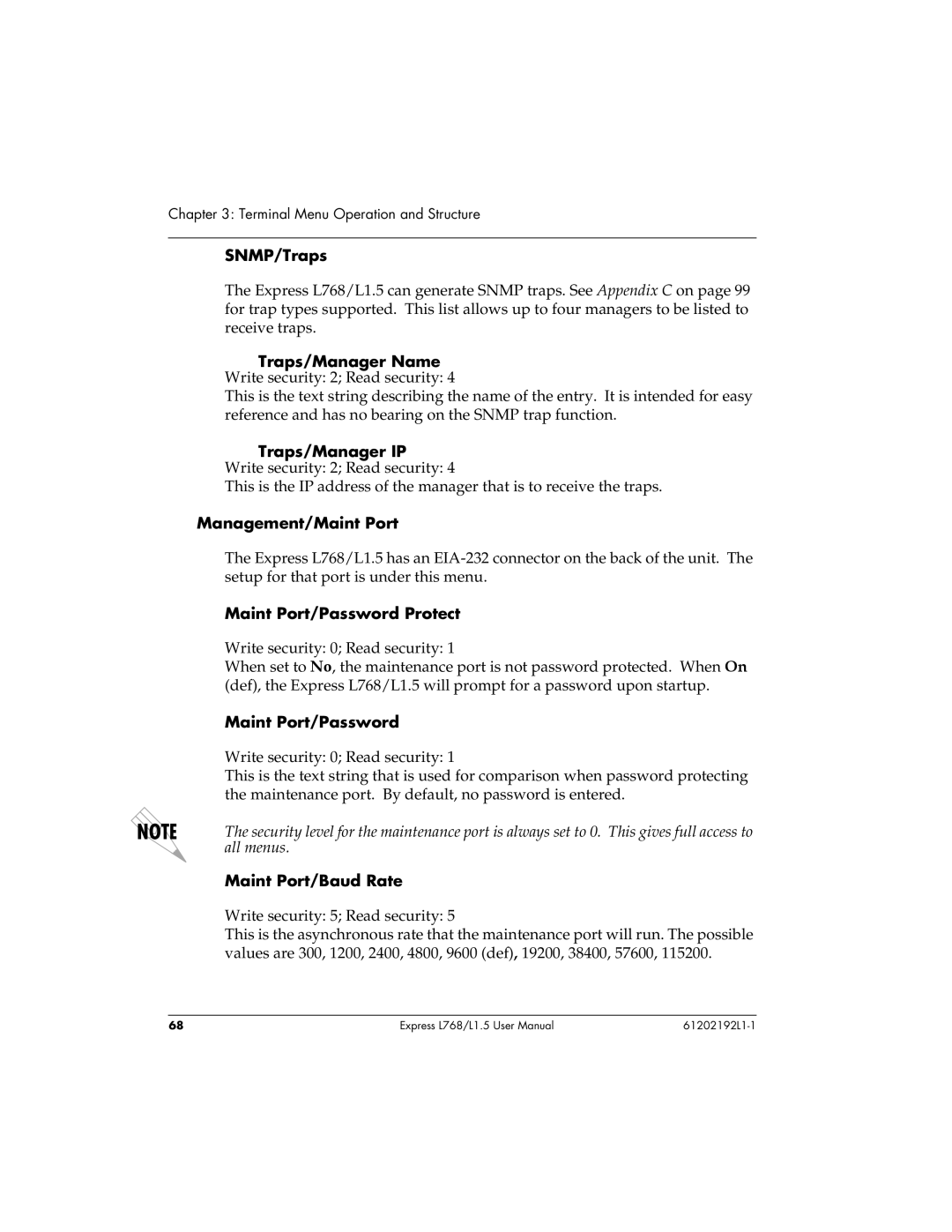 ADTRAN L768 SNMP/Traps, Traps/Manager IP, Management/Maint Port, Maint Port/Password Protect, Maint Port/Baud Rate 