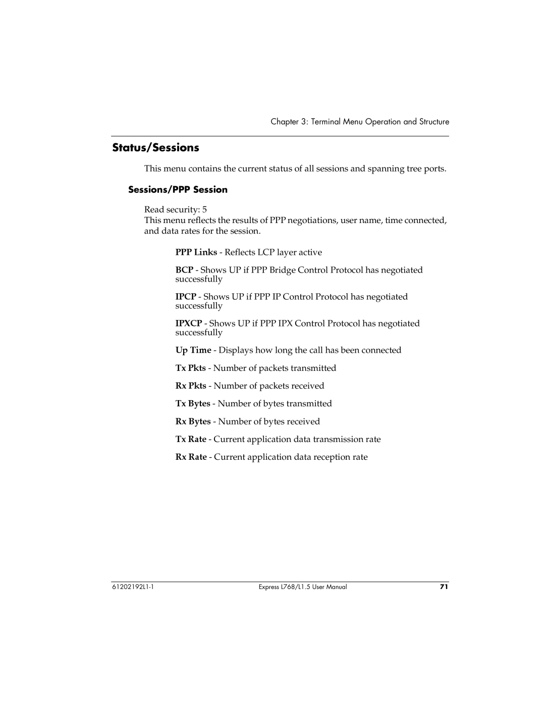 ADTRAN L768 user manual Status/Sessions, Sessions/PPP Session 