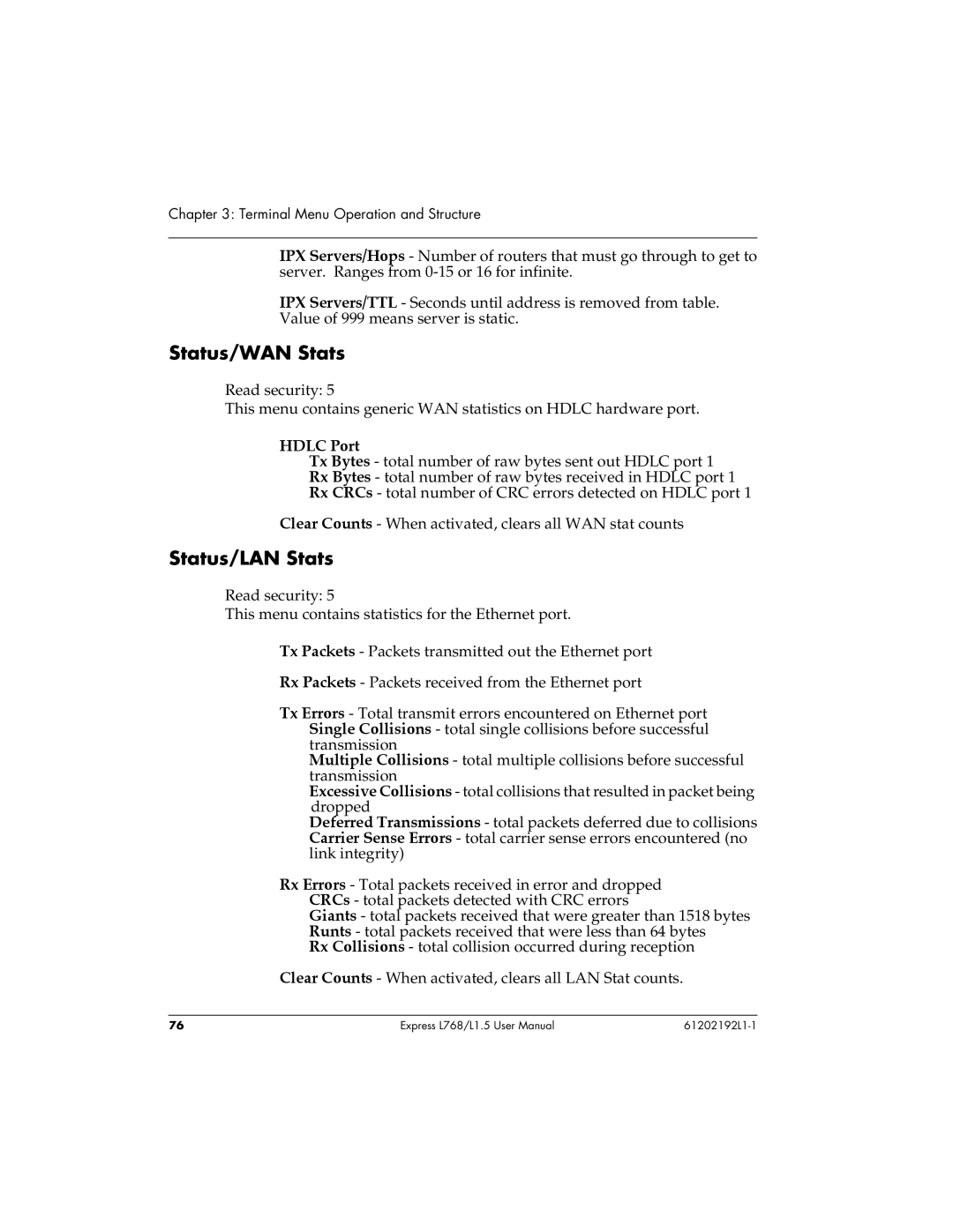 ADTRAN L768 user manual Status/WAN Stats, Status/LAN Stats, Hdlc Port 