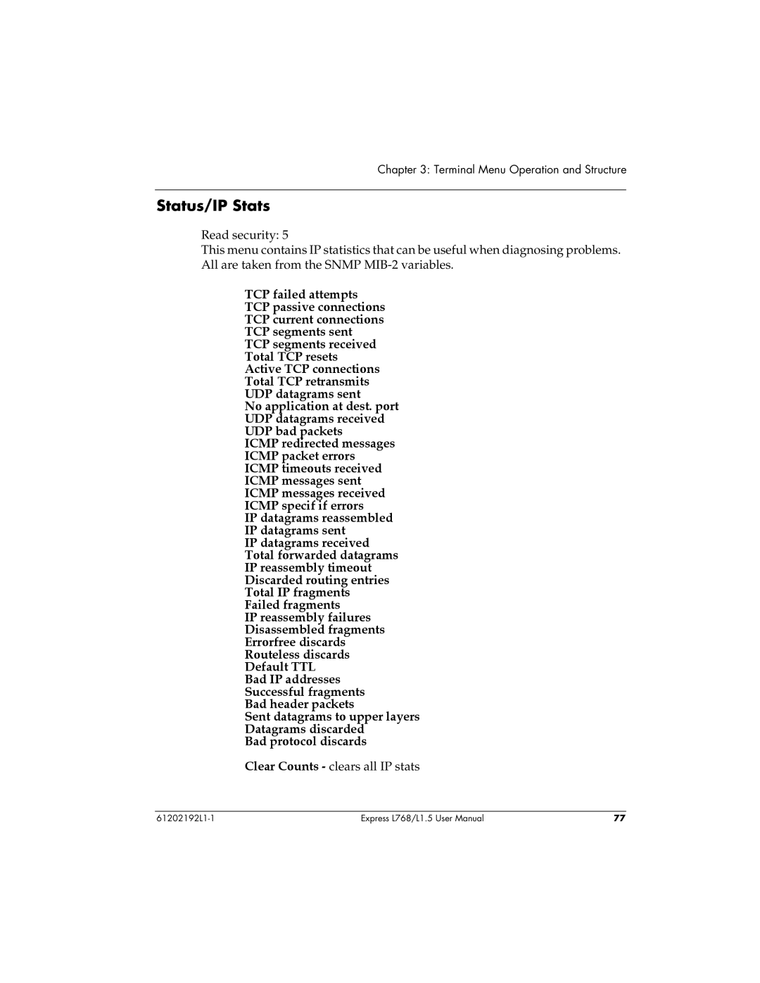 ADTRAN L768 user manual Status/IP Stats 