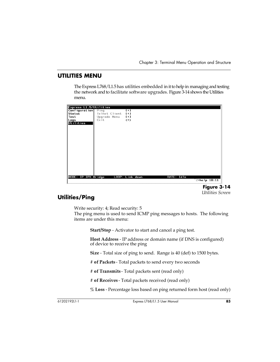 ADTRAN L768 user manual Utilities Menu, Utilities/Ping 