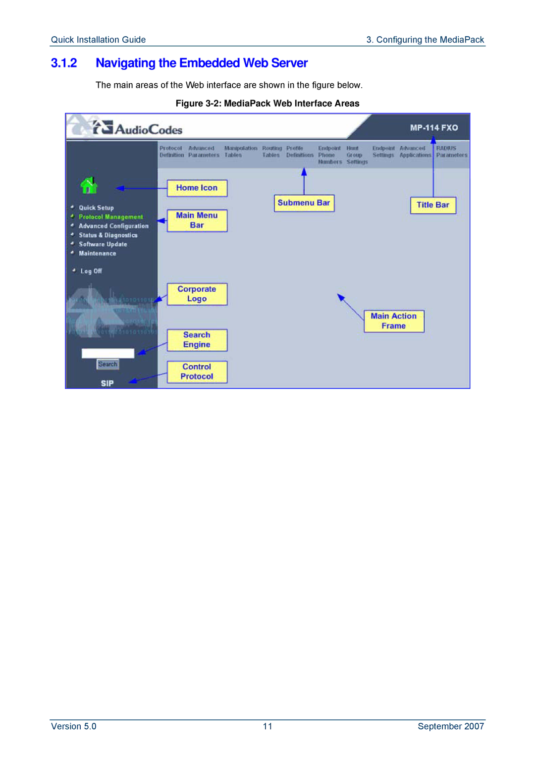 ADTRAN MP-114, MP-118 manual Navigating the Embedded Web Server, MediaPack Web Interface Areas 