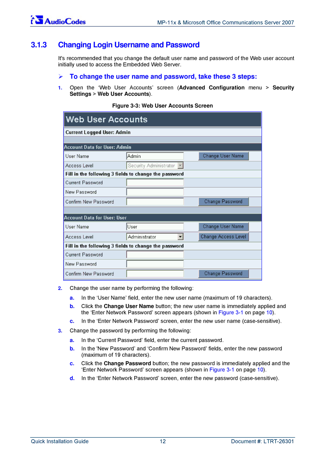 ADTRAN MP-118, MP-114 Changing Login Username and Password, ¾ To change the user name and password, take these 3 steps 